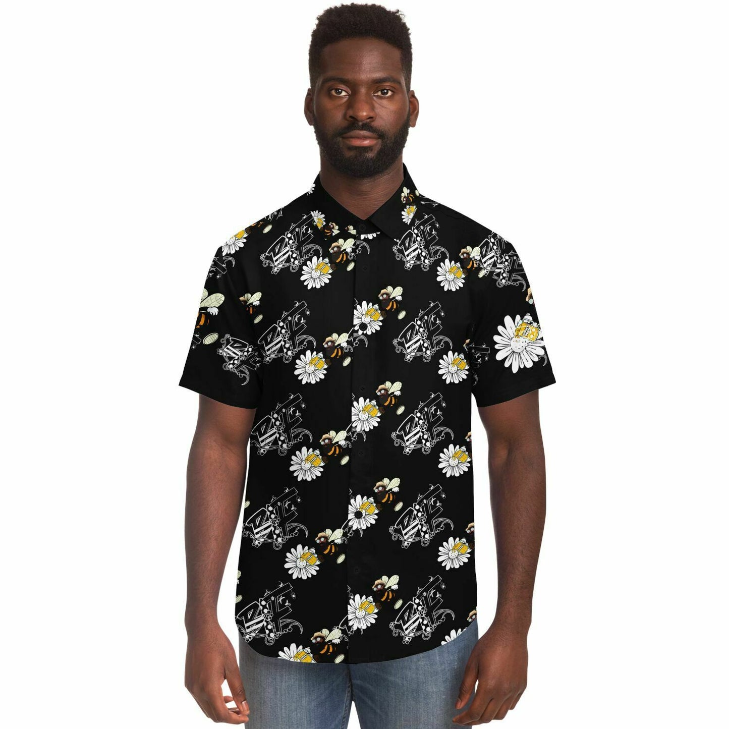 Black Insect Famili  Short Sleeve Button Down Shirt - AOP