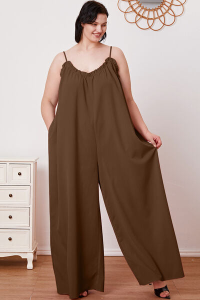 Full Size Ruffle Trim Tie Back Cami Jumpsuit with Pockets
