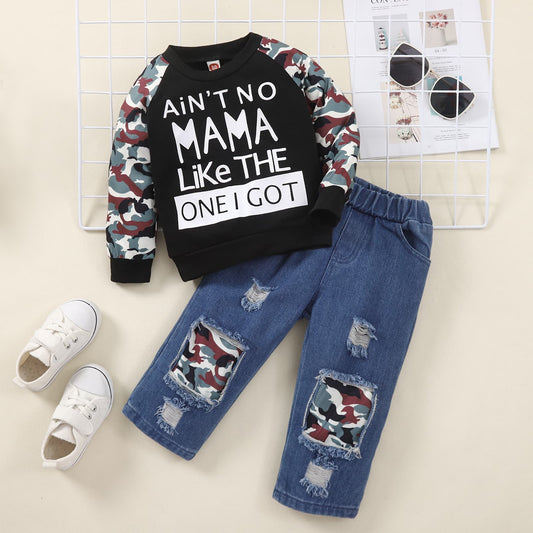 Kids Slogan Graphic Sweatshirt and Camoflague Patch Distressed Jeans Set