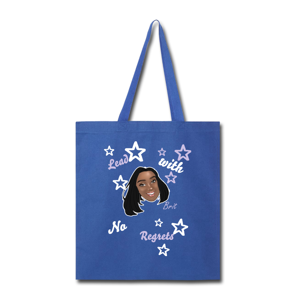 Lead With No Regrets Tote Bag by Andre Nostalgic Brown Collection - royal blue