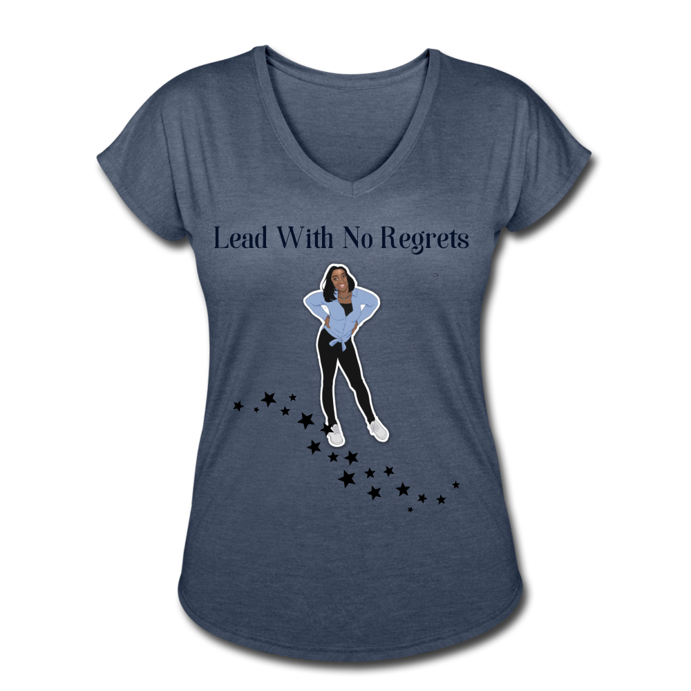 Lead with No Regrets Women's  V-Neck T-Shirt by Andre Nostalgic Brown Collection - navy heather