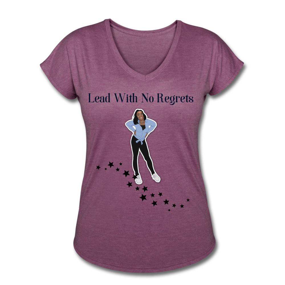 Lead with No Regrets Women's  V-Neck T-Shirt by Andre Nostalgic Brown Collection - heather plum