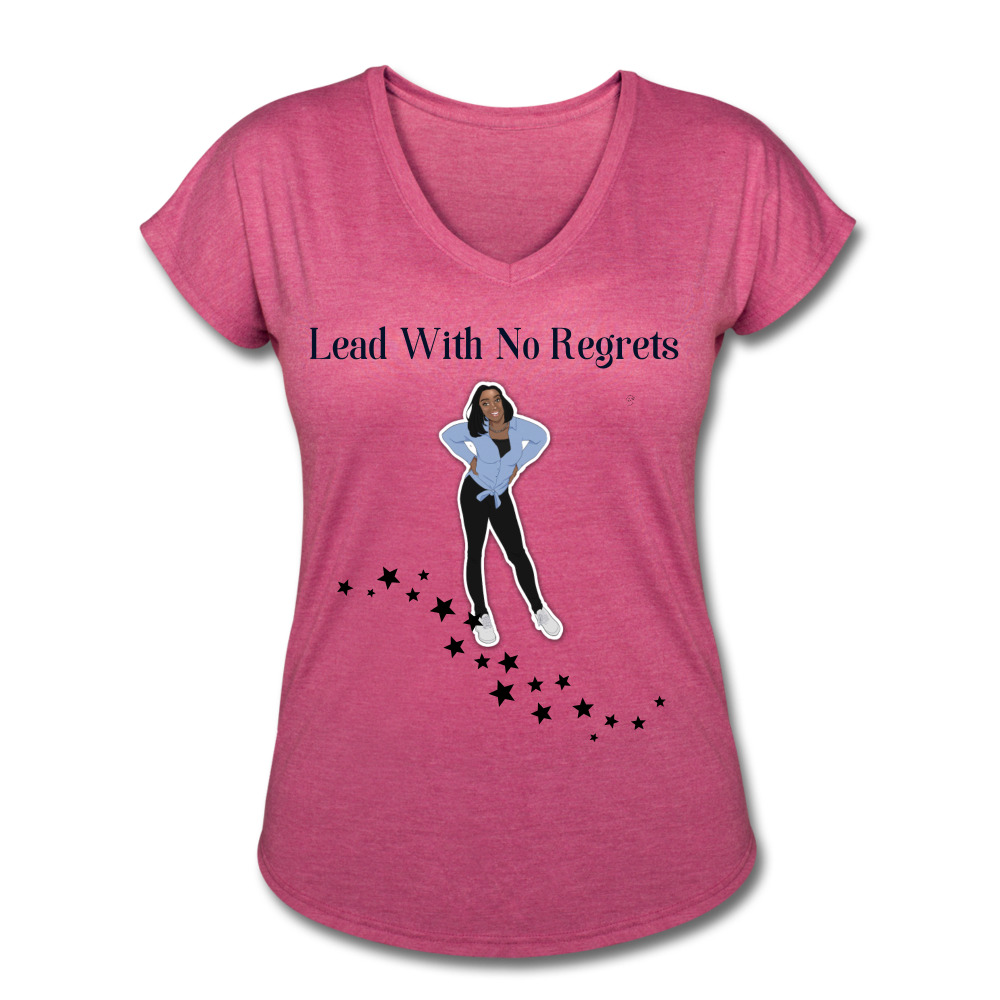 Lead with No Regrets Women's  V-Neck T-Shirt by Andre Nostalgic Brown Collection - heather raspberry